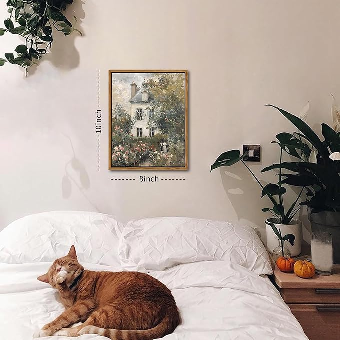 Floating Framed Canvas Vintage Wall Art, Neutral English Cottage Rose Garden Oil Paintings Print, Spring Pictures Wall Decor for Living Room Hallway Bedroom Office Rustic Decor 8x10 inch