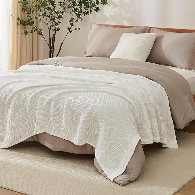 EMME Cotton Blanket for Couch Breathable Gauze All Season Soft and Lightweight Muslin White Throw Blankets for Adults (White, 50"x70")