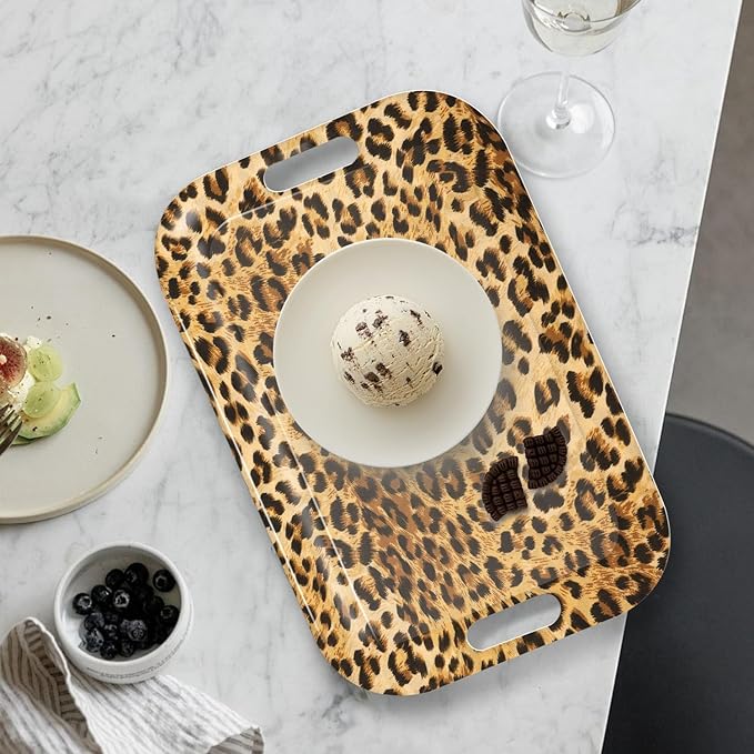 Serving Trays with Handles, 14.5 x 9.8 inch Rectangular Plastic Tray for Restaurant, Kitchen, Brown Leopard