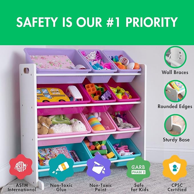 Humble Crew Kids Toy Storage Organizer with 12 Plastic Bins, White/Pink/Purple/Turquoise – Removable Bins for Playroom, Bedroom, Toddler Furniture for Boys and Girls Ages