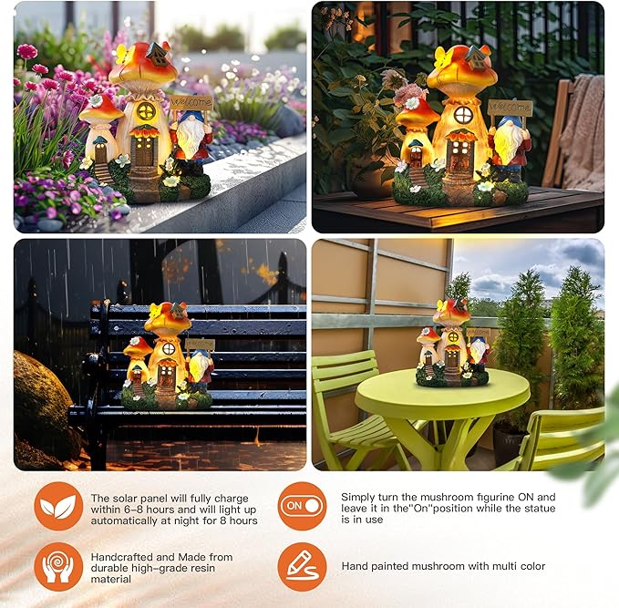 Solar Garden Statue Lights Mushroom Fairy House Figurine, Outdoor Memorial Garden Ornaments Waterproof Decoration for Outside Patio Yard Lawn Decor