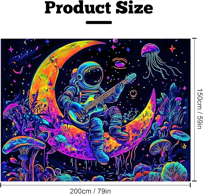 BVBOX Astronaut Space Blacklight Tapestry 79"x59", UV Reactive Astronaut Guitar Moon Universe Galaxy Planet Glow in Dark Music Tapestries, Black Light Neon Upright Poster Wall Hanging Backdrop Decor for Bedroom Living Room