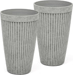 20" Resin Tall Planters for Outdoor Plants, Set of 2 Vintage Gray Large Flower Pots with Handmade Fluted Texture, Heavy-Duty and Weather-Resistant for Year Round Indoor Outdoor use