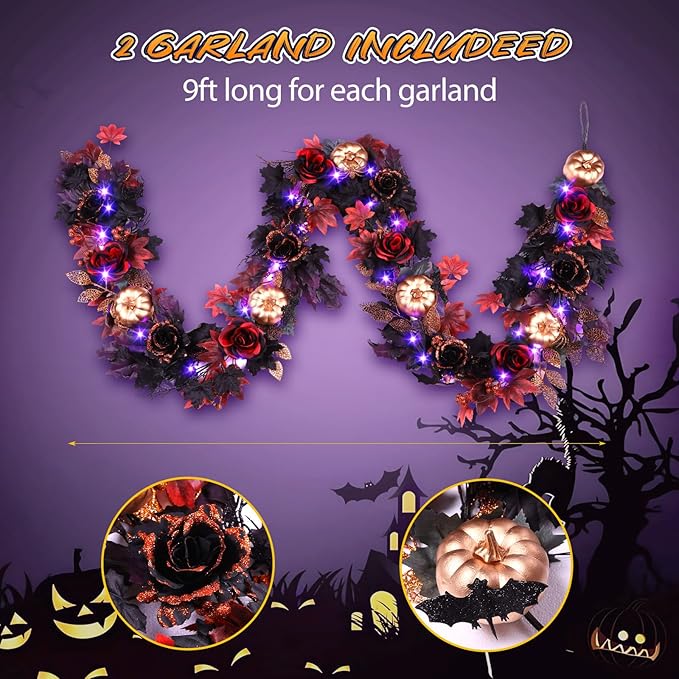 SHareconn 2 Pcs 9FT Halloween Garland with Purple Lights Battery Operated and Timer, Pre-Lit Black Red Maple Leaves Lighted Garland Decorations for Fireplace Mantle Centerpiece Indoor Outdoor Decor