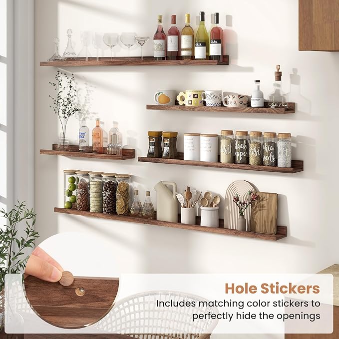 Fun Memories Picture Ledge Shelves Set of 2, 24 Inch Rustic Wall Mounted Floating Shelves with Lip for Home Storage and Décor in Bathroom, Kitchen, Nursery, Bedroom, Living Room, Walnut