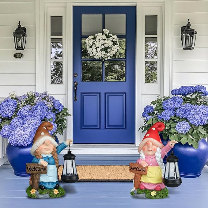 Solar Garden Gnome Statue Holding LED Lantern with Welcome Sign Outdoor Ornaments Waterproof Christmas Decoration for Outside Patio Yard Lawn Decor (Pink)
