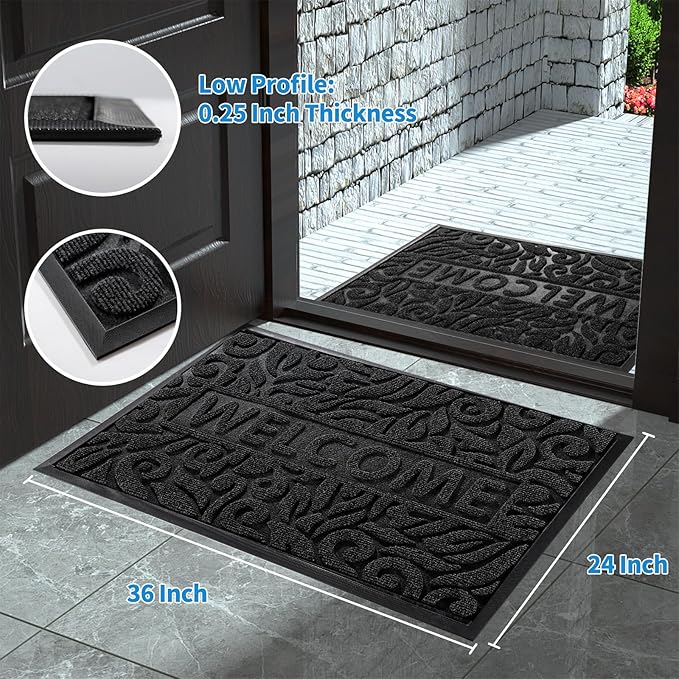 Yimobra Welcome Mat Outdoor, 36x24 Waterproof Door Mat Outside Entrance, All-Weather Non Slip Front Door Mat, Low-Profile Entryway Mat Indoor, Porch and Patio, Black