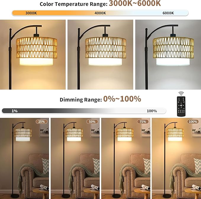 Arc Floor Lamp for Living Room Boho Floor Lamps with Remote Control & with 3 Color Temperatures,Rattan Wicker Standing Lamp Dimmable Tall Floor Lamp for Bedroom Living Room Corner