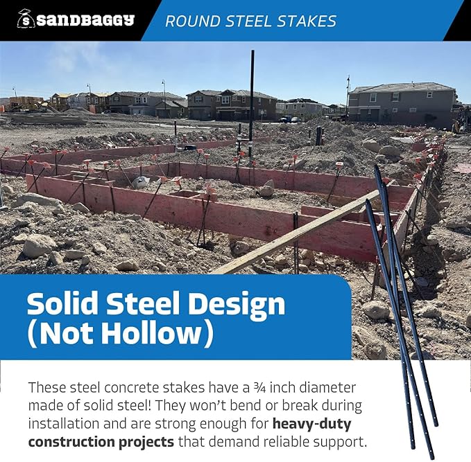 Sandbaggy Round Steel Concrete Form Stakes with Nail Holes - Rust Resistant Coating - Removable, Reusable (10, 3/4 in X 36 in)