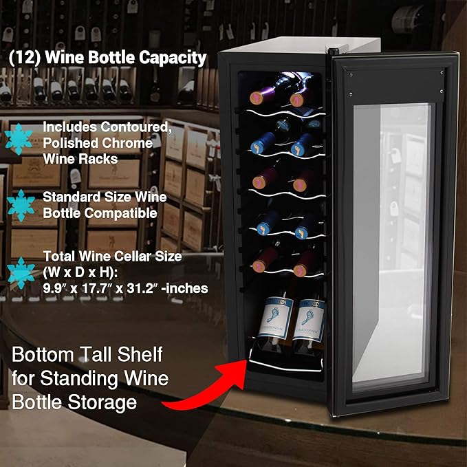 NutriChef PKCWC120 White & Red Cooler-Freestanding Countertop Compact Mini Wine Fridge Chiller Capacity, Digital Control, Glass Door, 12 Bottle-Black