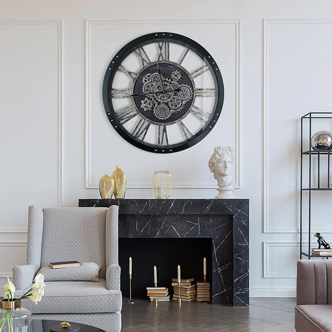 27 Inch Moving Gear Wall Clock, Oversized Wall Clocks, Clock Living Room Decor, Solid Wood Frame, Battery Operated, Large Wall Clock with Steampunk Industrial for Fireplace(Black)
