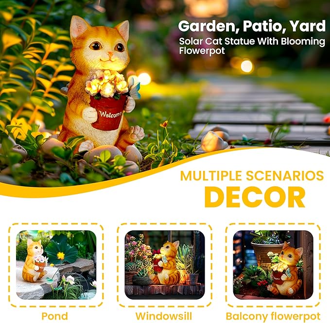 GIGALUMI Solar Garden Decor Flower Pot Cat Statues Outdoor, Birthday Gifts for Women Mom Grandma Senior Elder, Cat Ornament for Balcony, Garden, Patio, Yard, Lawn