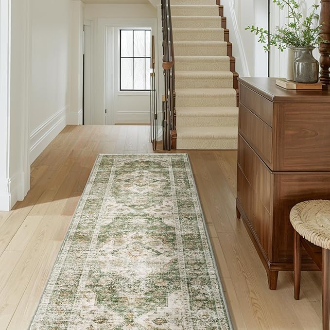 AMOAMI-2X10 Runner Rug-Washable Runners for Hallways-Soft Non Slip Bedside Rugs for Bedroom-Vintage Long Rug for Hallways Entryway Laundry Room Stair Kitchen Bathroom Green