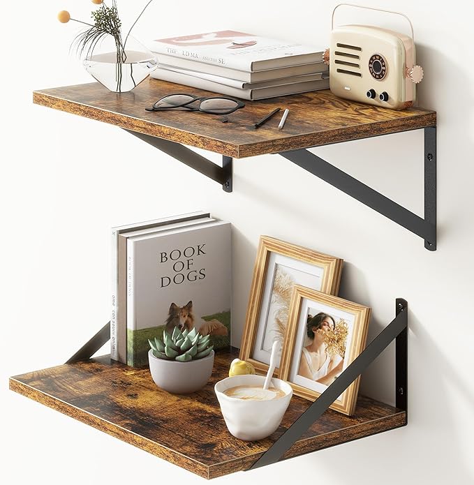 Deep Floating Shelves for Wall, 12 Inch Deep Floating Shelves Set of 2, 16"W x 12"D Wall Shelf, Wide Display Ledges Shelves for Bedroom, Bathroom, 12 Deep Bookshelf Wall Mounted - Rustic Brown