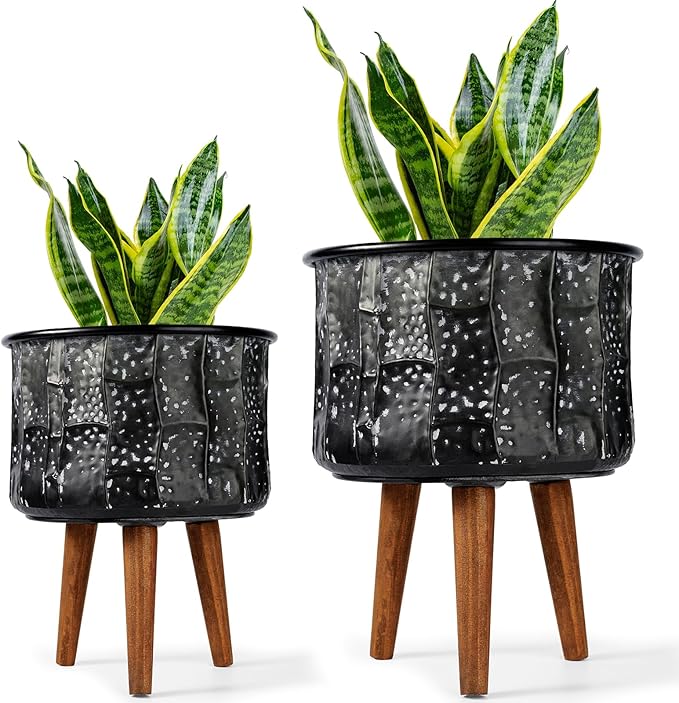Harvest Land Plant Pots with Stand, Set of 2 Large Modern Planters Metal Tall Handmade Flower Pots with Drainage Holes Indoor Outdoor,Grey
