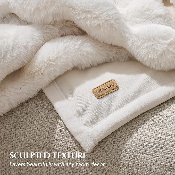 EVERGRACE Ultra Soft Luxury Fluffy Ridgeline Faux Rabbit Fur Throw Blanket, Thick Warm Bubble Throw for Bed, Cozy Plush Reversible Blankets for Couch, Chair, Sofa, Ivory White, 80x90 Inches, 870 GSM