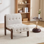 Modern Armless Accent Chair for Living Room, Soft Beige Linen Button Tufted Upholstered Lounge Reading Chair with Walnut Wood Frame