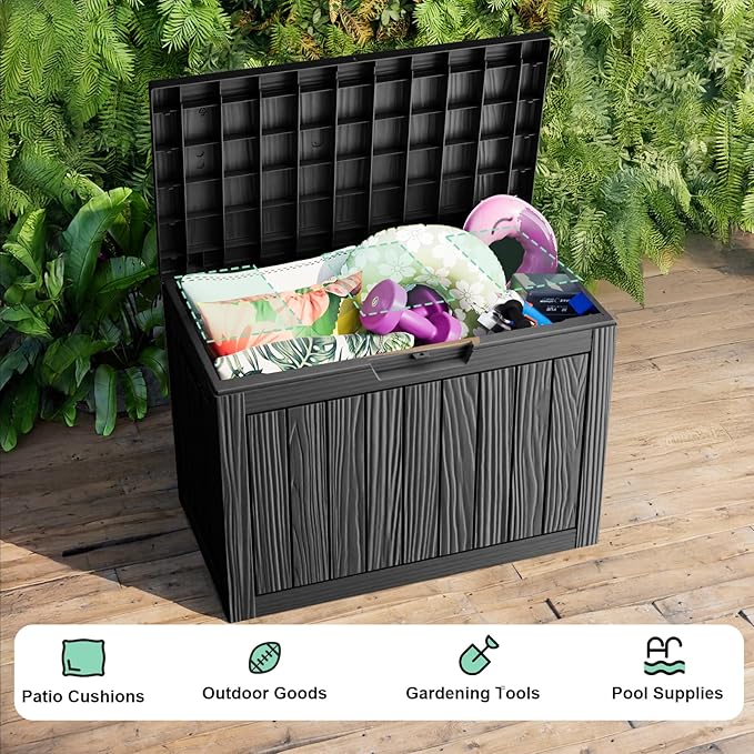 45 Gallon Resin Deck Box, Lockable Outdoor Storage Box for Patio Cushions Storage Furniture,Garden Tools, Pool Supplies, Weatherproof and UV Resistant（Black）