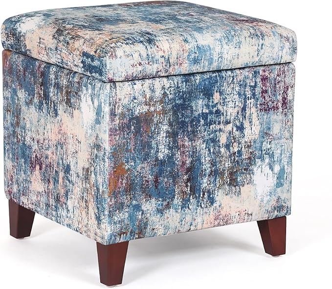 Adeco 18 Inch High Cube Ottoman Storage, Linen Chair Foot Stools, Upholstered Vanity Stool with Hinged Lid, Solid Wood Legs