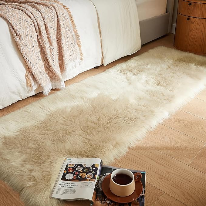 AMTOVO Faux Fur Rug, Beige Ultra Soft Fluffy Shag Sheepskin Rug, 2 x 6 ft Runner Area Rugs for Bedroom Sofa Throw Cushion Room Decor, Rectangle