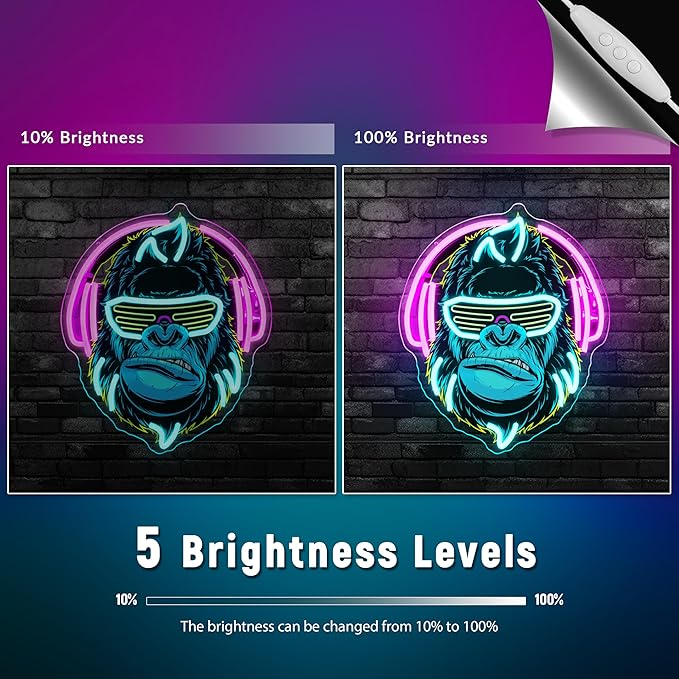 Headphones Gorilla Neon Sign Dimmable Kong Led Neon Light for Wall Decor,Game Room,Man Cave,Home Party Bar Decor,USB Powered Led Sign