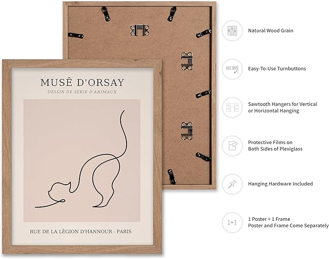 Poster Master Vintage Poster - Retro One Line Cat Drawing Print - Cat Art - Minimal Gift for Men, Women, Animal Lover - Abstract Wall Decor for Home, Office, Bedroom, 11x14 Beige Framed