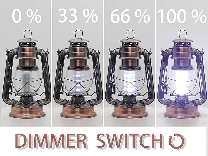 YAKii LED Vintage Lantern Metal Hanging Hurricane 12 LED Dimmer Switch Cold White Battery Operated Power Outage Indoor Camping Lighting Outdoor Brooklyn Decoration(Copper)