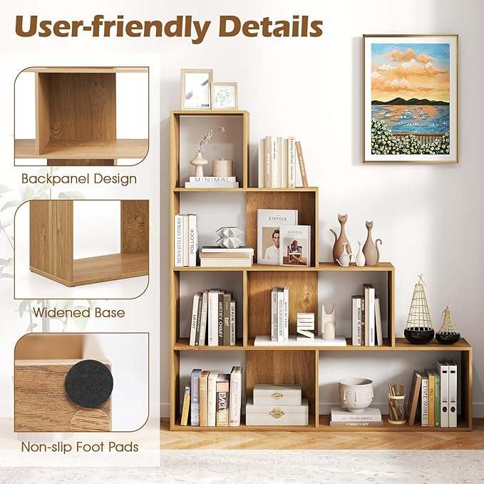 Tangkula 4-Tier Stepped Bookshelf, Freestanding 6 Cubes Ladder Bookcase with Anti-Tipping Kits, 64" Tall Modern Wooden Storage Display Rack for Home Office Living Room Study (1, Natural)
