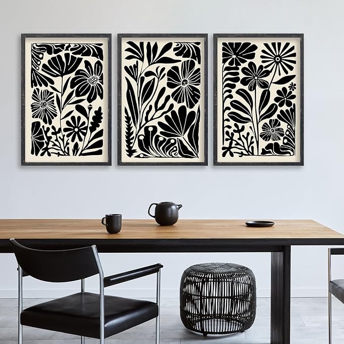 Abstract Floral Botanical Wall Art 16x24 Inch 3 Piece Black Vintage Boho Plant Flower Minimalist Wood Frame Sign Home Living Room Family Office Mid Century Print Wall Hanging Decor (Black)