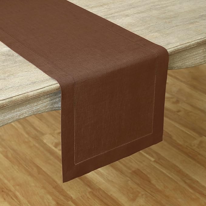 Solino Home Linen Brown Table Runner 36 Inches - Classic Hemstitch, 100% Pure Linen Coffee Table Runner 14 x 36 Inch Ideal for Dresser Tables, Fall, Autumn, Thanksgiving