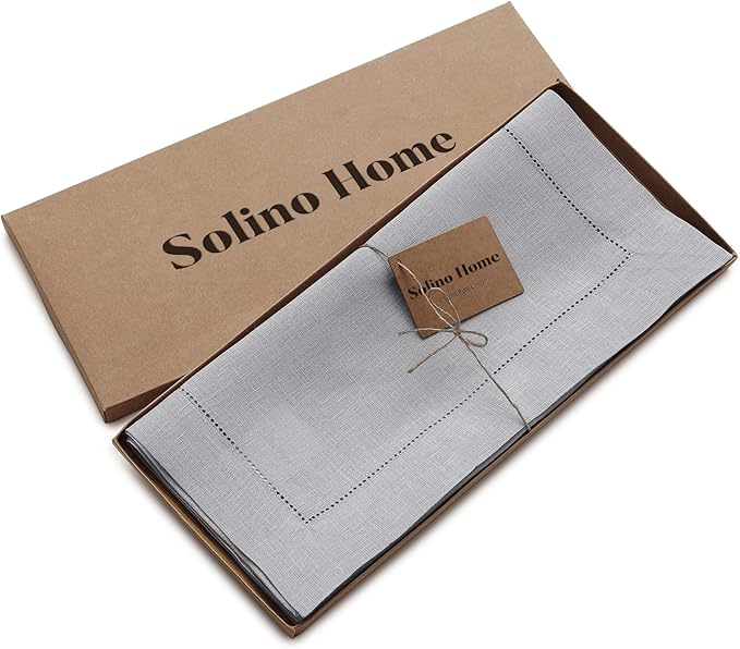 Solino Home Linen Soft Grey Table Runner 72 Inches Long - 100% Pure Linen Hemstitch Table Runner 14 x 72 Inch for Dresser, Dining, Fall, Autumn, Halloween, Thanksgiving - Classic Hemstitch