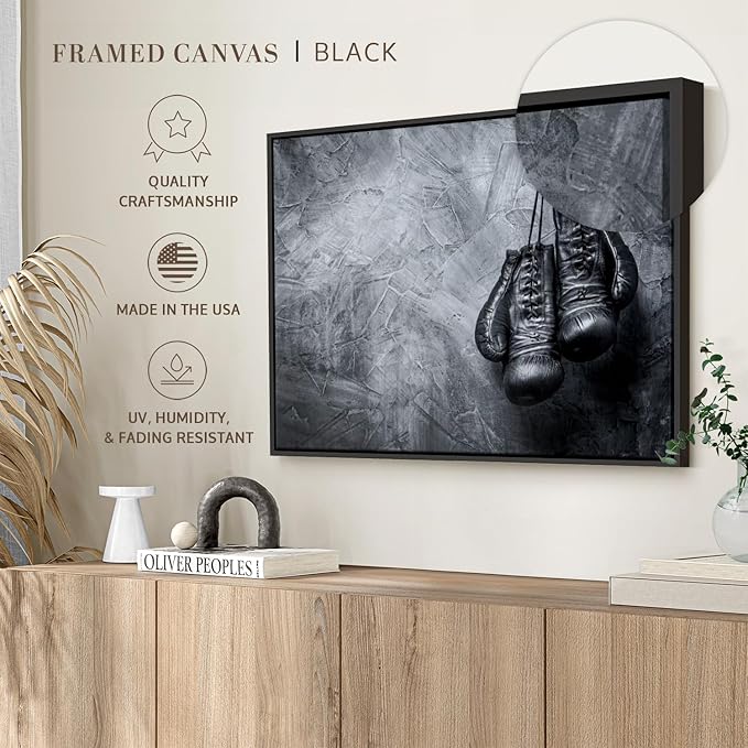 ElephantStock Boxing Gloves Wall Art - Horizontal Framed Canvas - 1-Piece Living Room Wall Decor - Photography Sports Canvas Print - Black and Gray Decor for Wall - 37" X 25"