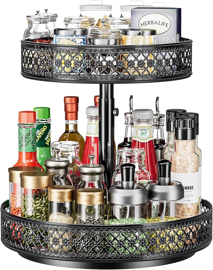 Lazy Susan Organizer 2 Tier - Turntable Spice Rack 12 inch Adjustable Metal Rotating Lazy Susan for Cabinet Pantry Kitchen Countertop Dining Table Cupboard Bathroom Vanity Storage Black