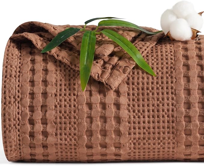 PHF Cooling Waffle Blanket Twin Size, Lightweight 60% Rayon Derived from Bamboo & 40% Cotton Breathable Blanket for Hot Sleepers, Soft and Luxury for Bed Couch and Sofa, 66"x90", Burnt Umber