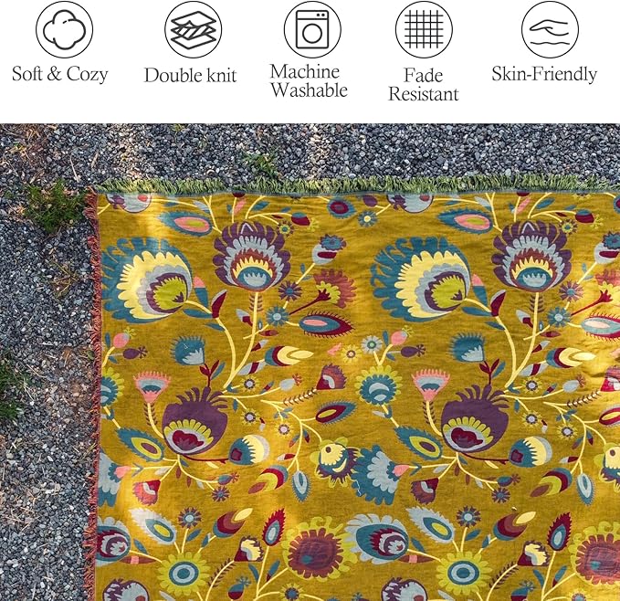 Snycler Boho Throw Blanket for Bed, 100% Organic Cotton Muslin Soft Throw-Yellow Boho Floral Farmhouse Rustic Spring Summer Fall Decor Blanket for Couch Sofa Quilt and Gift, 60" x 80"