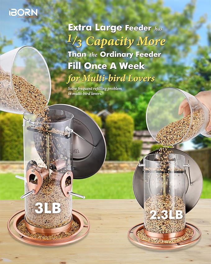 iBorn Metal Bird Feeder for Outside Hanging,Wild Bird Feeders for Cardinal,18cm Large Roof&Tray Brushed Copper 10 Port(Seed is not Included)