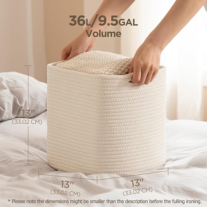 joybest Cube Storage Bins Set of 4, 13inch Cube Baskets Organizer for Nursery, Square Cotton Rope Baskets for Shelves Organizing, Kids Toy, Closet Storage, Beige