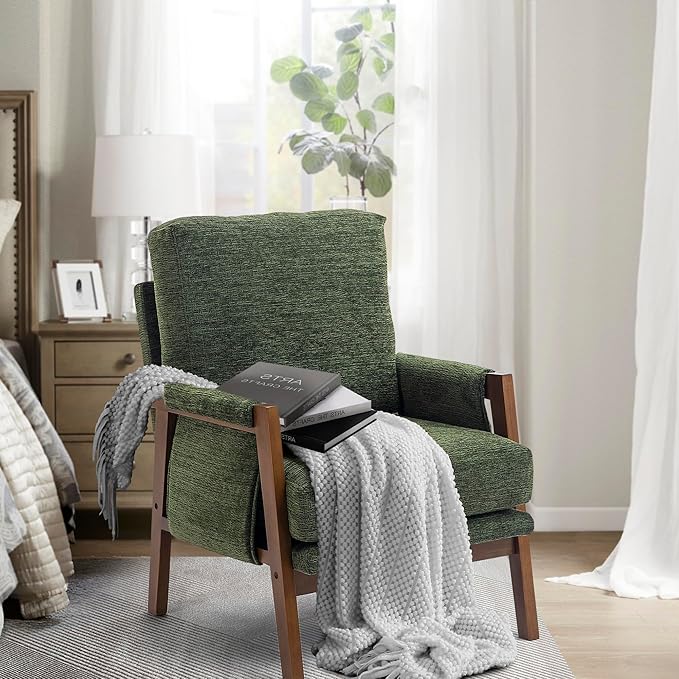Modern Accent Chair for Living Room Mid Century Arm Chair Upholstered Bedroom Chair Comfy Lounge Chair with Solid Wood Frame, Green