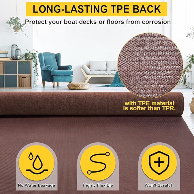 Marine Carpet, 6 FT x 10 FT Brown Indoor Outdoor Surface 0.2" Thick Boat Carpet with Water-Proof TPE Backing, Non-Slip Marine Rug for Home, Patio, Porch, Deck