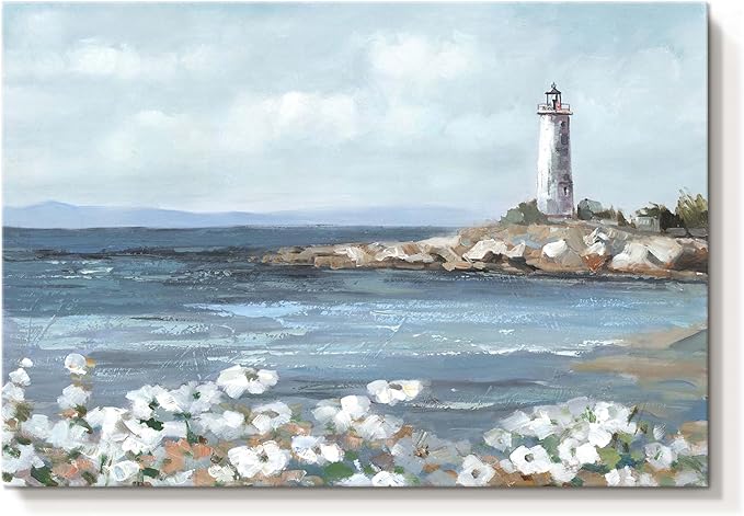 cozy country Lighthouse Wall Art 16"x11" - Coastal Pictures Beach Canvas Ocean Decor - Nautical Artwork Seascape Painting for Bathroom, Bedroom, Sea House