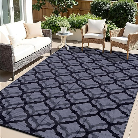 OLANLY Reversible Outdoor Rug 6x9 ft Clearance, Waterproof Outdoor Plastic Straw Rug with Interlacing Pattern, RV Mat for Patio, Camping, Balcony, Deck, Backyard, Black & Grey
