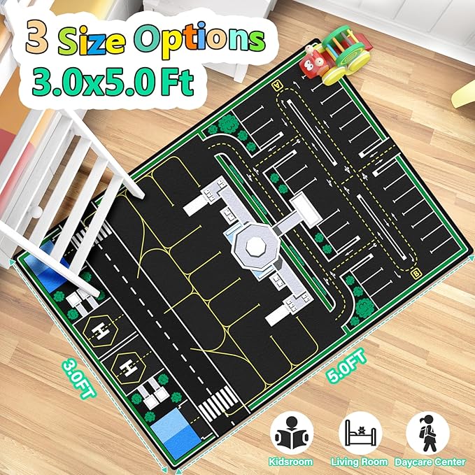 Kids Rug, Road Carpet for Kids with Combined City Road Traffic System, Car Rug and Airport Play Mat, 3x5 Ft Children’s Play Rugs for Playroom, Children’s City Traffic Map Fun Car Mat,Non-Slip