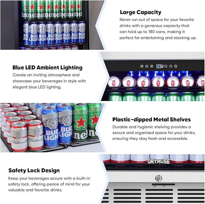 24" Beverage Refrigerator & Cooler, 180 Cans Under Counter Fridge with Lock, Glass Door & Powerful Cooling Compressor - Quiet, Built-in/Freestanding Drink Fridge