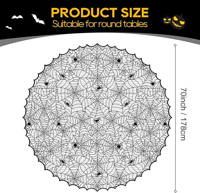 eZAKKA Round Halloween Tablecloth, 70 Inch Spider Webs Tablecloths Black Tablecloth Lace Fabric Table Cloths Spooky Table Cover for Parties Gothic Halloween Home Decorations
