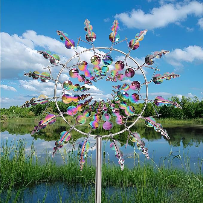 Unique and Magical Metal Windmill, 2Pcs Wind Spinners, 3D Wind Powered Kinetic Sculpture, Stainless Steel Wind Spinners, Wind Mill for Yard and Garden (2PCS-Colorful)
