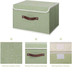 ANMINY Storage Bin with Lid Storage Boxes with PU Leather Handles PP Plastic Board Decorative Foldable Lidded Cotton Linen Fabric Home Cubes Baskets Closet Organizer Container - Green, Large Size