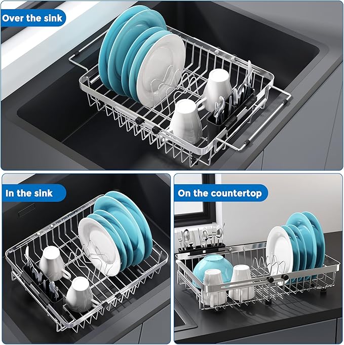 MAJALiS Expandable in Sink Dish Drying Rack - Adjustable Capacity (11.3''-17''L) Stainless Steel Over Sink Dish Drainers Rack for Kitchen Sink with Utensil Holder, Silver