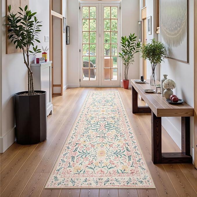 Wonnitar Floral Washable Runner Rug, 2'6"x8' Runners for Hallways Pink Rugs for Entryway Bedroom, Boho Non Slip Soft 8ft Long Carpet for Kitchen Bathroom Laundry
