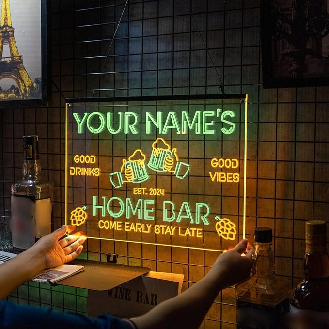 Personalized Bar Signs with Your Name for home wall light up with personalized pub name, man cave accessories, beer themed neon customizable lighted sign