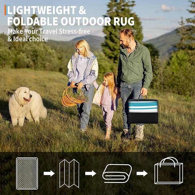 Outdoor Patio Rug 9x12 Stain-Resistant Reversible Camping Mat, Modern Striped Outdoor Plastic Straw Rug, Waterproof Outside Carpet, Easy to Clean for RV, Porch, Deck, Balcony, Light Blue